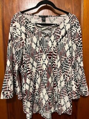 Robert Louis White, Black & Burgundy Geometric Lace-Up Tunic Top